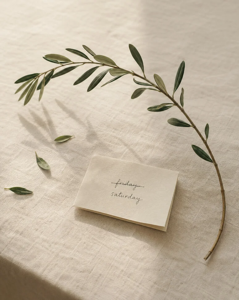 Olive branch curving over a small notebook with "friday" crossed out and "saturday" written underneath in cursive.