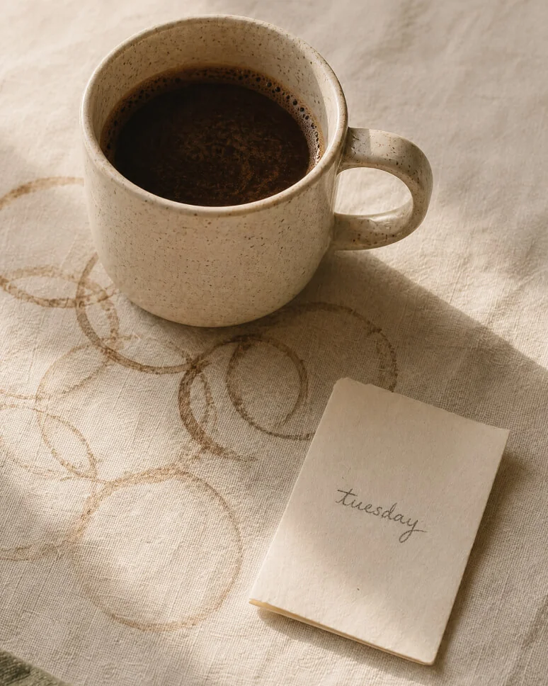 Coffee mug on linen, ringed with old coffee stains, beside a small notebook with the word "tuesday" written in pencil.