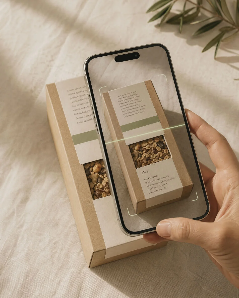 Hand holding a phone, scanning a kraft-paper granola box on a linen surface; the phone overlay highlights the ingredient list as the camera reads it.